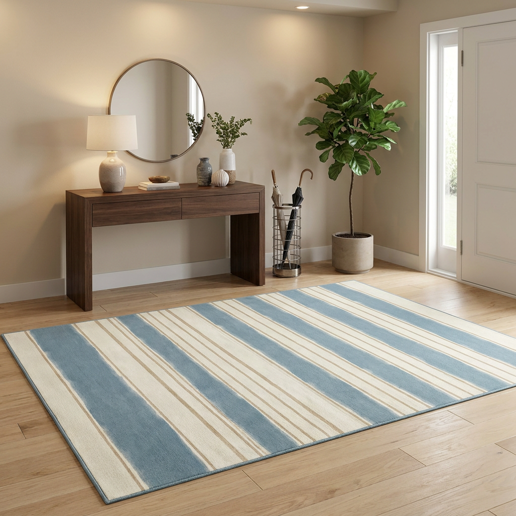 Coastal Stripe Area Rug — Machine Washable, Blue & White Striped
