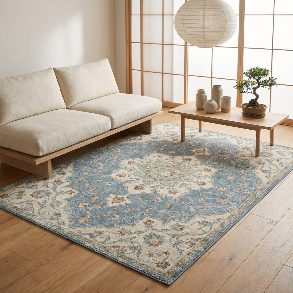 Vintage Distressed Floral Area Rug — Machine Washable, Antique Blue Medallion