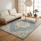 Vintage Distressed Floral Area Rug — Machine Washable, Antique Blue Medallion