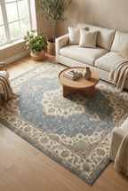 Vintage Distressed Floral Area Rug — Machine Washable, Antique Blue Medallion