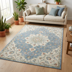 Vintage Distressed Floral Area Rug — Machine Washable, Antique Blue Medallion