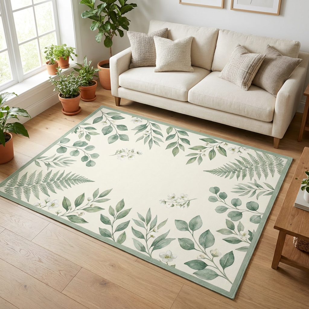 Sage Garden Botanical Area Rug — Machine Washable, Fern Leaf Pattern