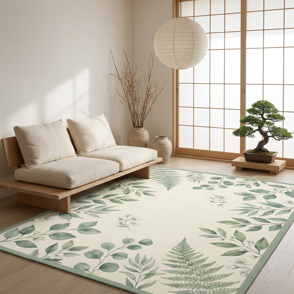 Sage Garden Botanical Area Rug — Machine Washable, Fern Leaf Pattern