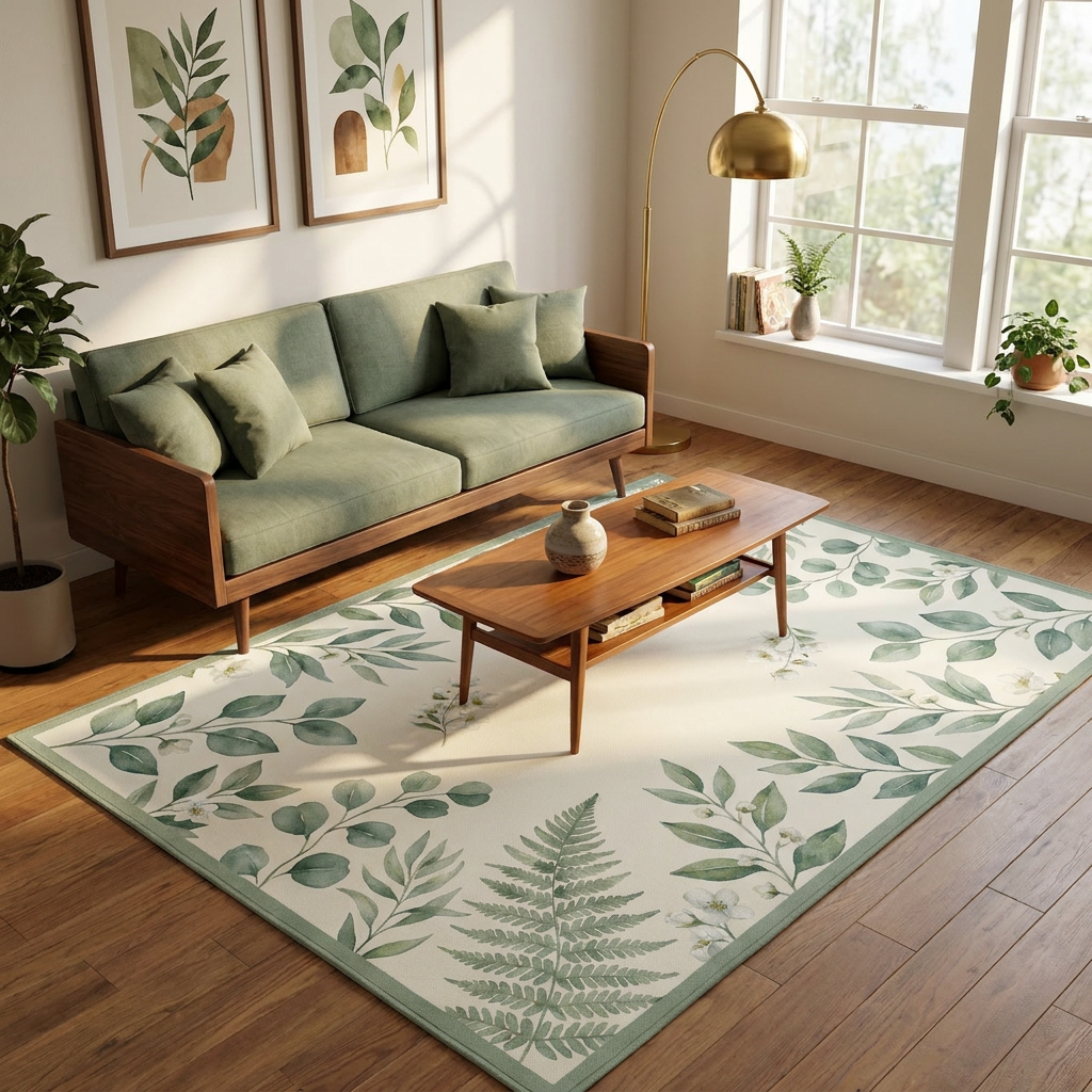 Sage Garden Botanical Area Rug — Machine Washable, Fern Leaf Pattern