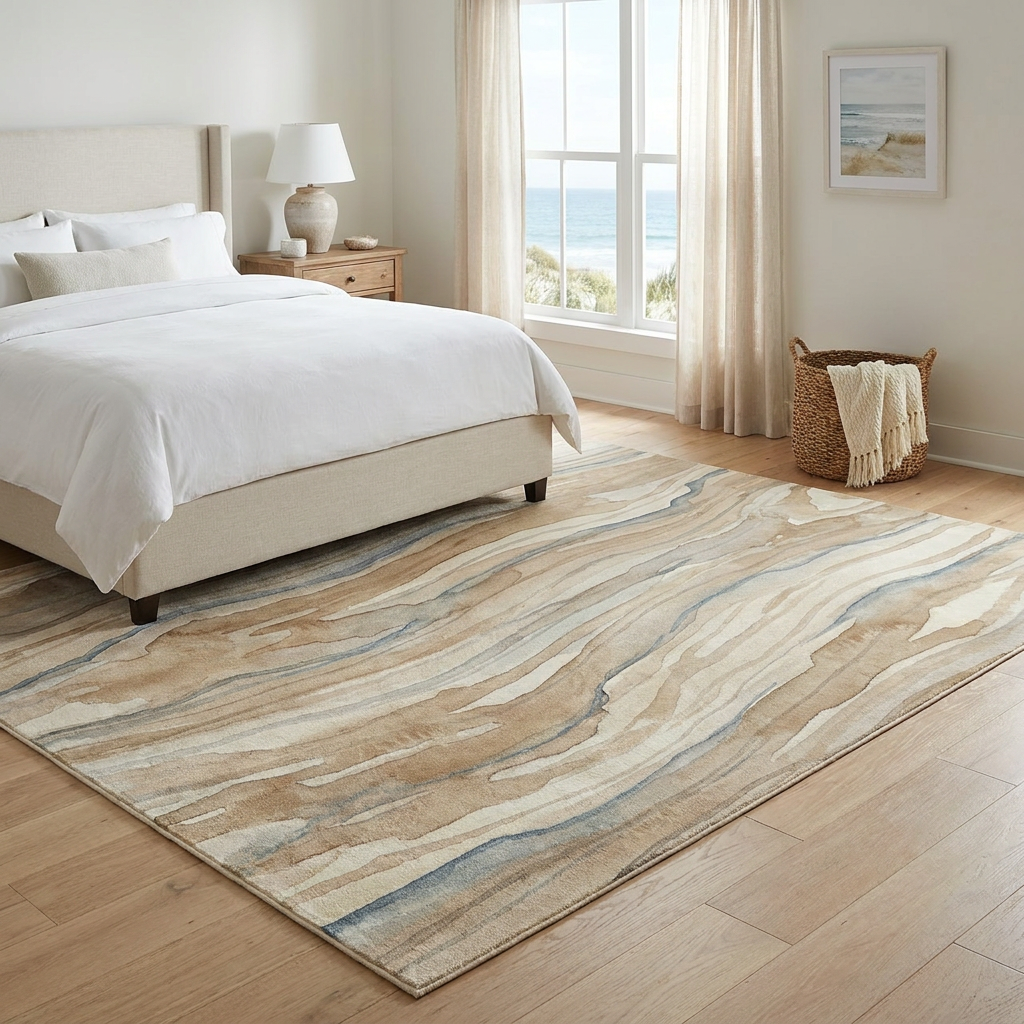Driftwood Abstract Area Rug — Machine Washable, Warm Beige & Grey
