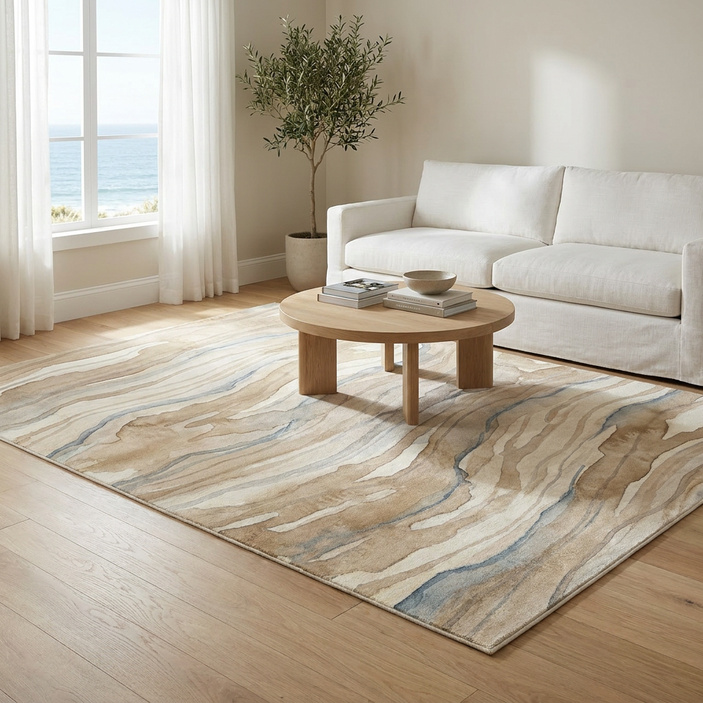 Driftwood Abstract Area Rug — Machine Washable, Warm Beige & Grey