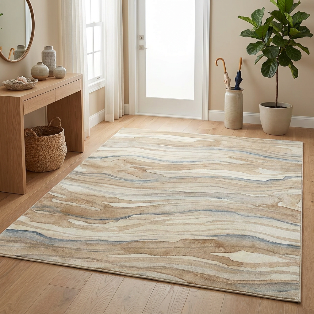 Driftwood Abstract Area Rug — Machine Washable, Warm Beige & Grey