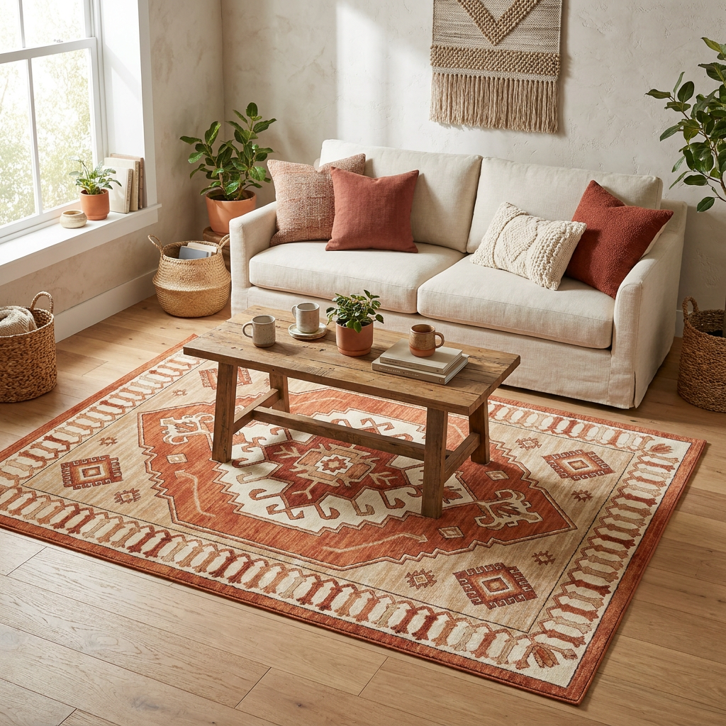 Terracotta Boho Medallion Area Rug — Machine Washable, Bohemian Geometric
