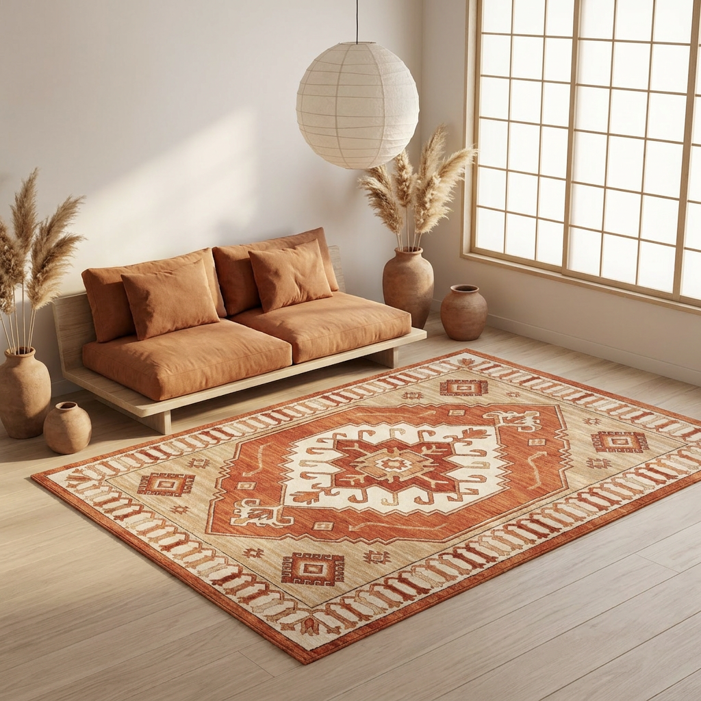 Terracotta Boho Medallion Area Rug — Machine Washable, Bohemian Geometric