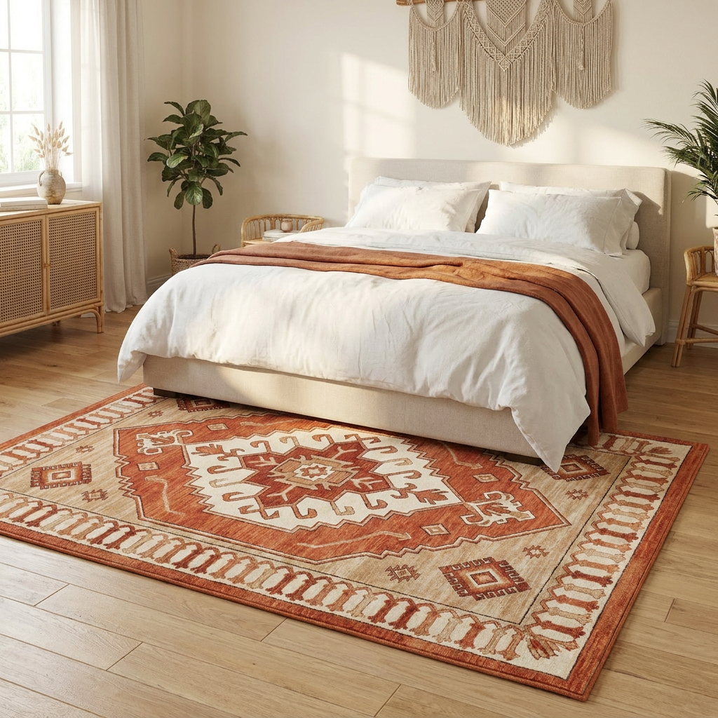 Terracotta Boho Medallion Area Rug — Machine Washable, Bohemian Geometric