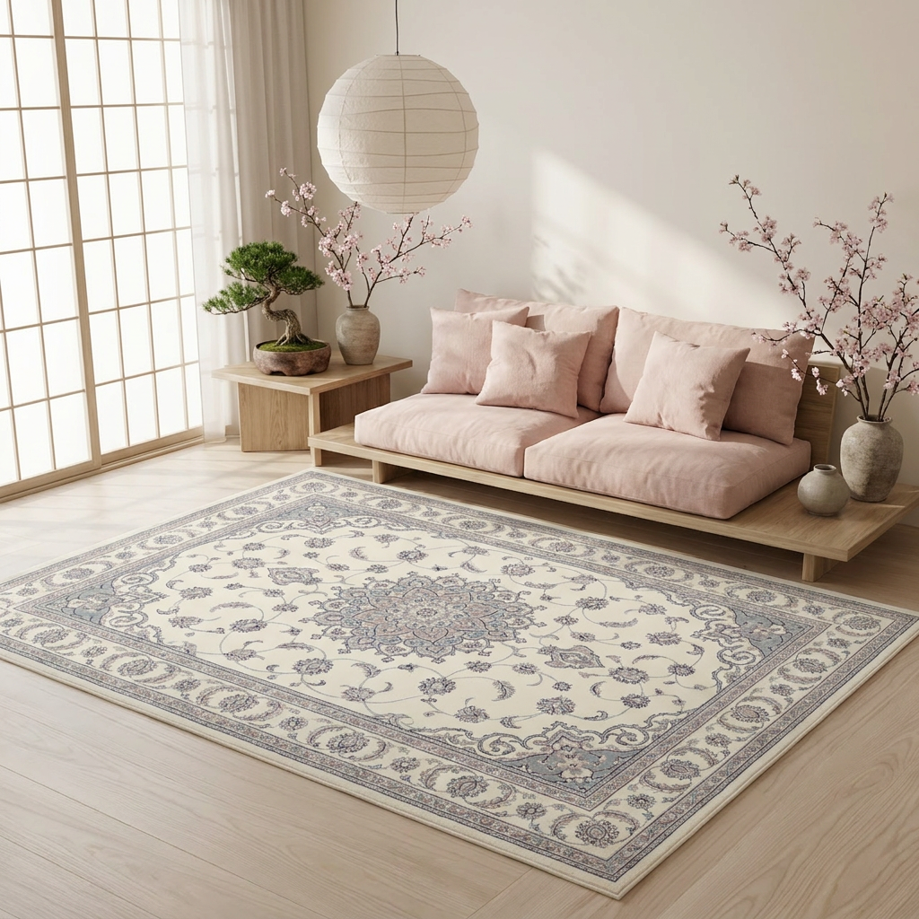 Cream Persian Medallion Area Rug — Machine Washable, Traditional Ornament