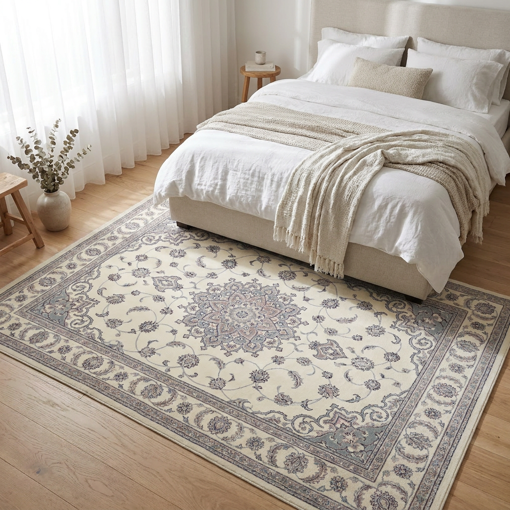 Cream Persian Medallion Area Rug — Machine Washable, Traditional Ornament