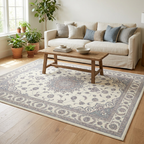 Cream Persian Medallion Area Rug — Machine Washable, Traditional Ornament