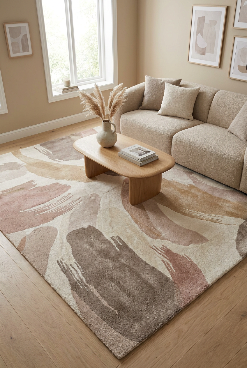 Mushroom Beige Abstract Area Rug — Machine Washable, Modern Brushstroke