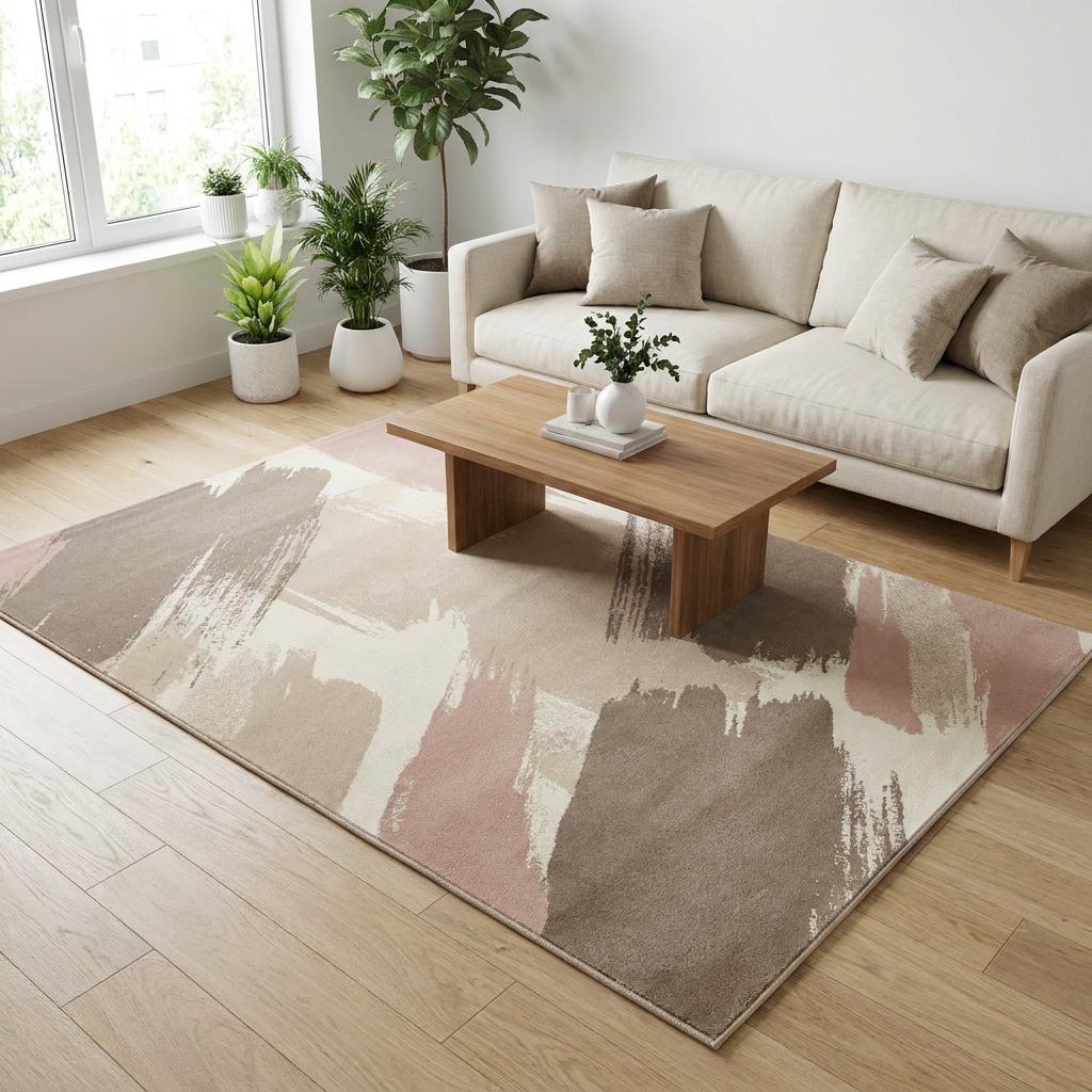 Mushroom Beige Abstract Area Rug — Machine Washable, Modern Brushstroke