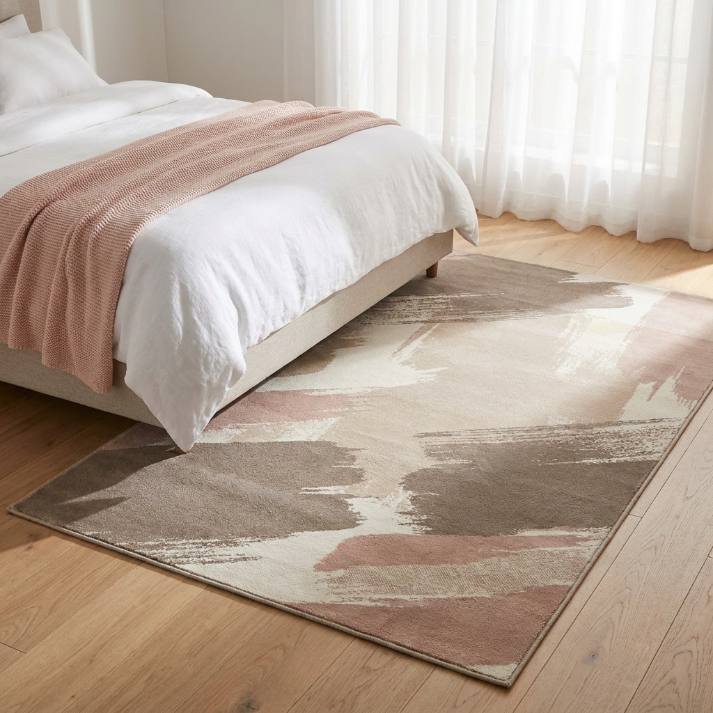 Mushroom Beige Abstract Area Rug — Machine Washable, Modern Brushstroke