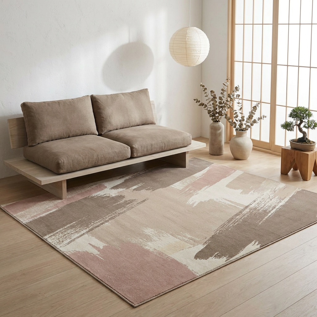 Mushroom Beige Abstract Area Rug — Machine Washable, Modern Brushstroke