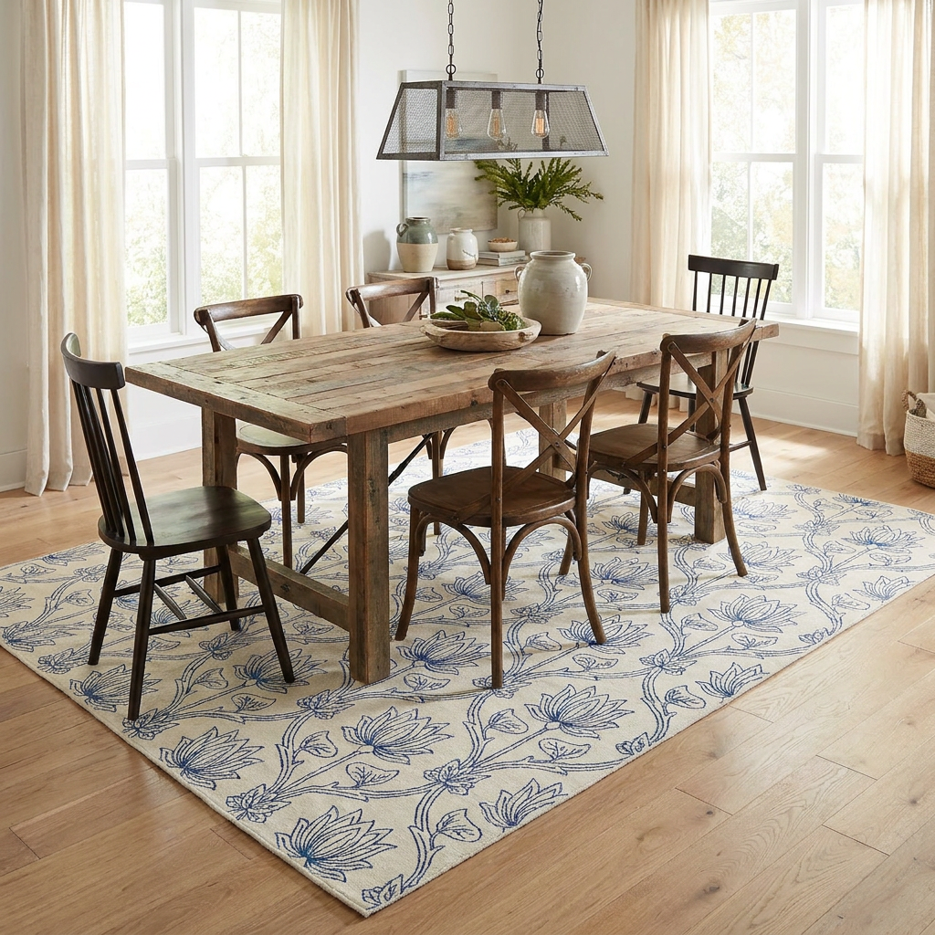 Indigo Floral Trellis Area Rug — Machine Washable, Blue Trellis Pattern