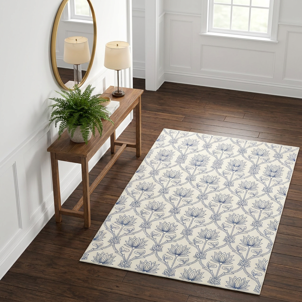Indigo Floral Trellis Area Rug — Machine Washable, Blue Trellis Pattern