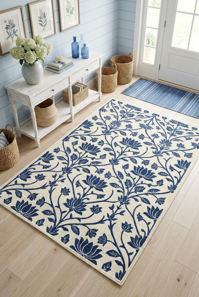 Indigo Floral Trellis Area Rug — Machine Washable, Blue Trellis Pattern