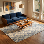 Indigo Floral Trellis Area Rug — Machine Washable, Blue Trellis Pattern