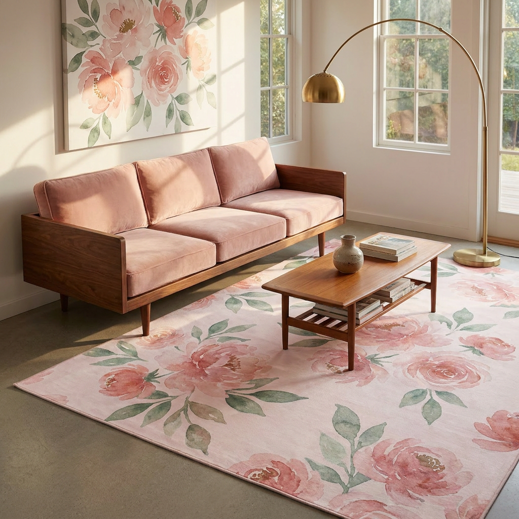 Blush Pink Watercolor Area Rug — Machine Washable, Romantic Floral