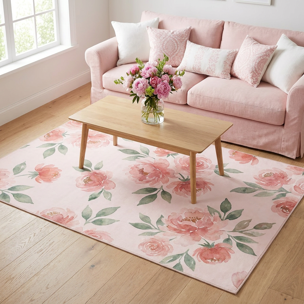 Blush Pink Watercolor Area Rug — Machine Washable, Romantic Floral