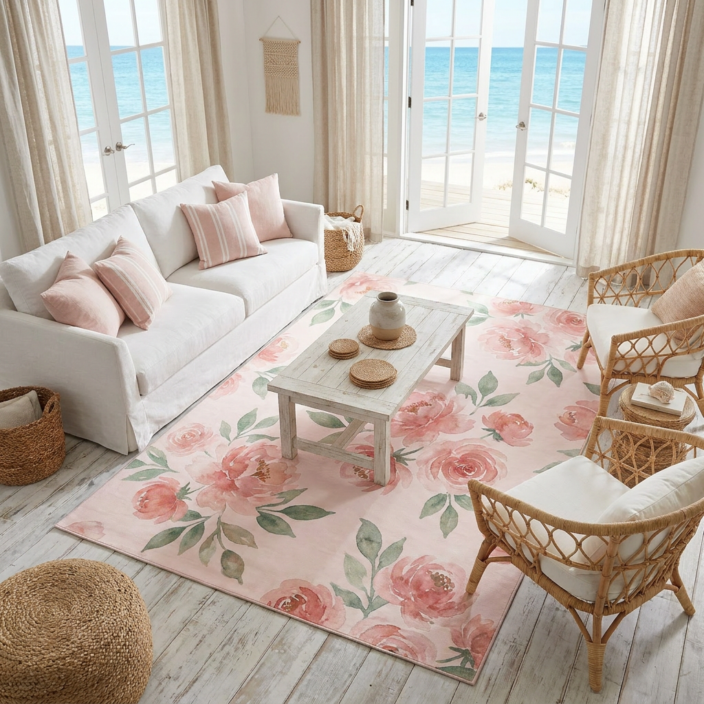 Blush Pink Watercolor Area Rug — Machine Washable, Romantic Floral