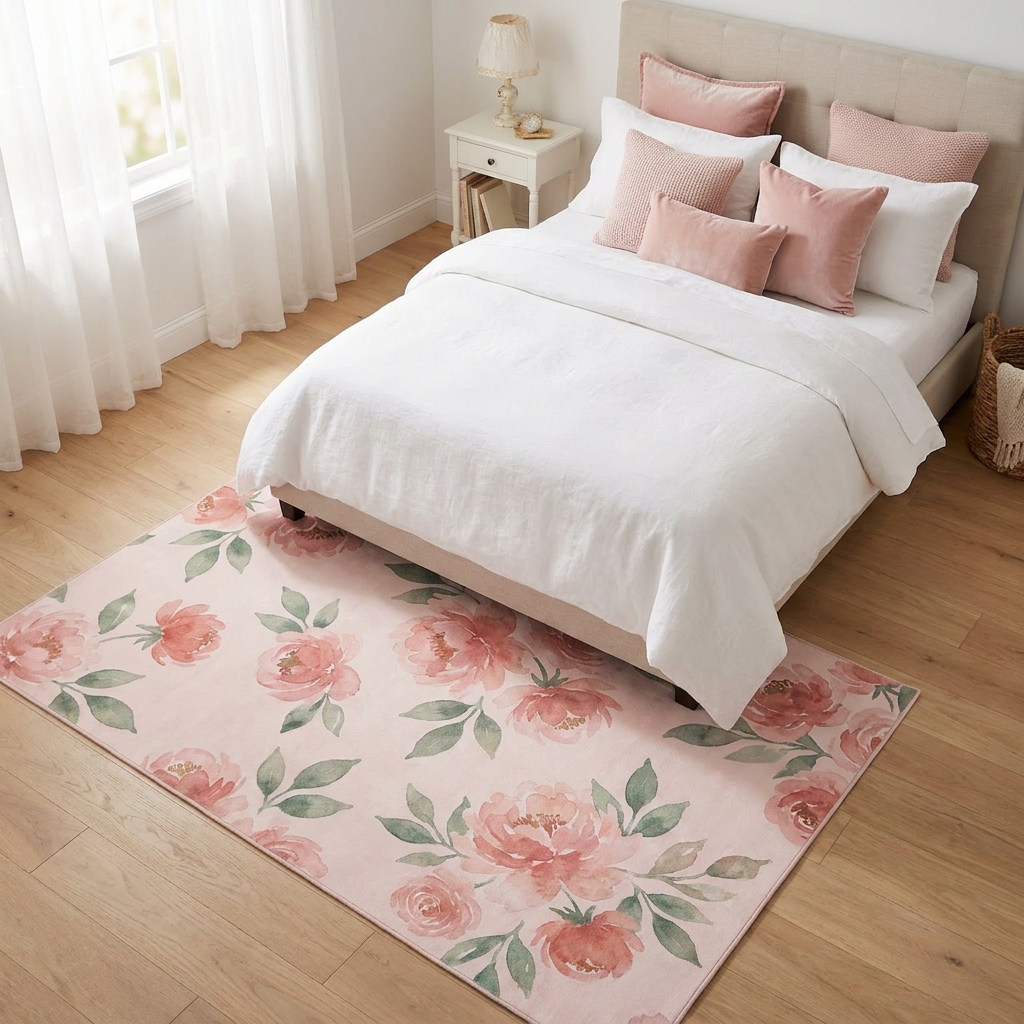 Blush Pink Watercolor Area Rug — Machine Washable, Romantic Floral