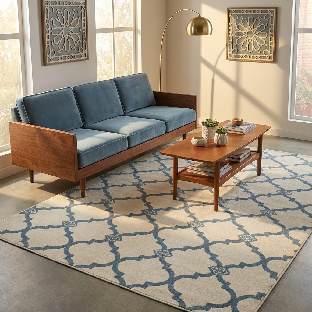 Dusty Blue Moroccan Area Rug — Machine Washable, Moroccan Quatrefoil
