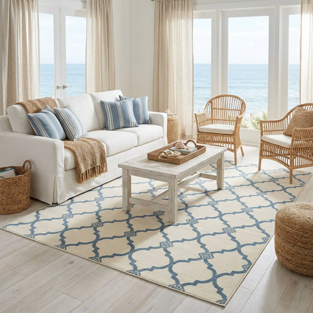 Dusty Blue Moroccan Area Rug — Machine Washable, Moroccan Quatrefoil