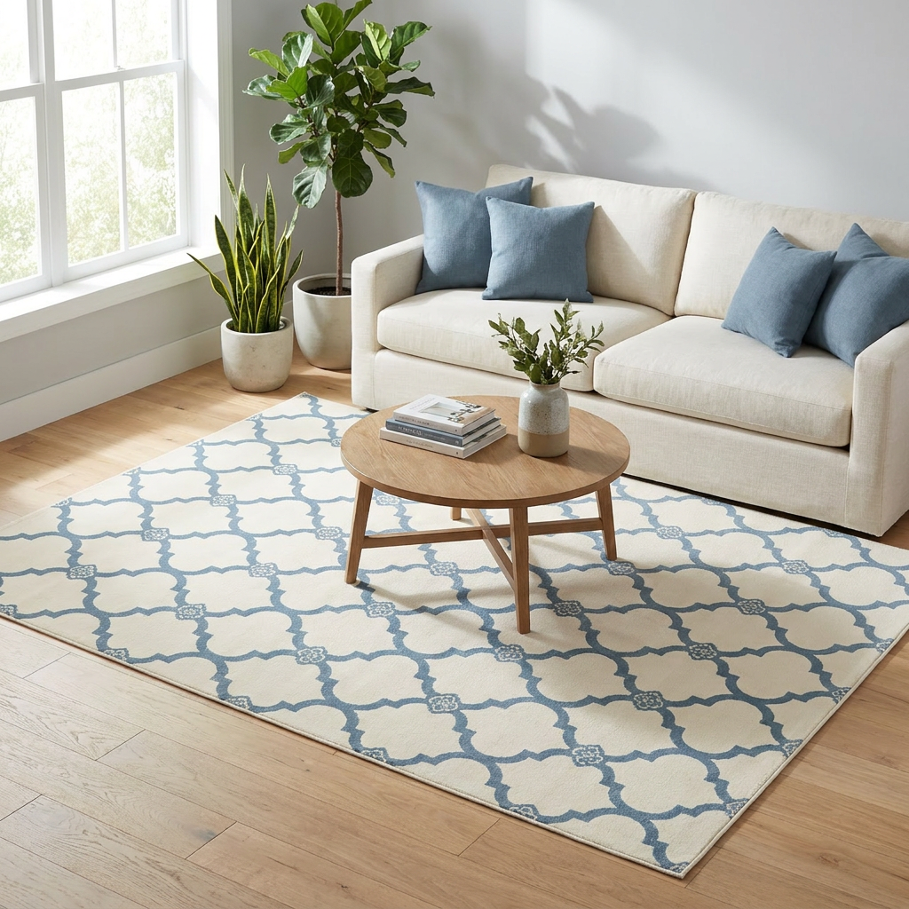 Dusty Blue Moroccan Area Rug — Machine Washable, Moroccan Quatrefoil