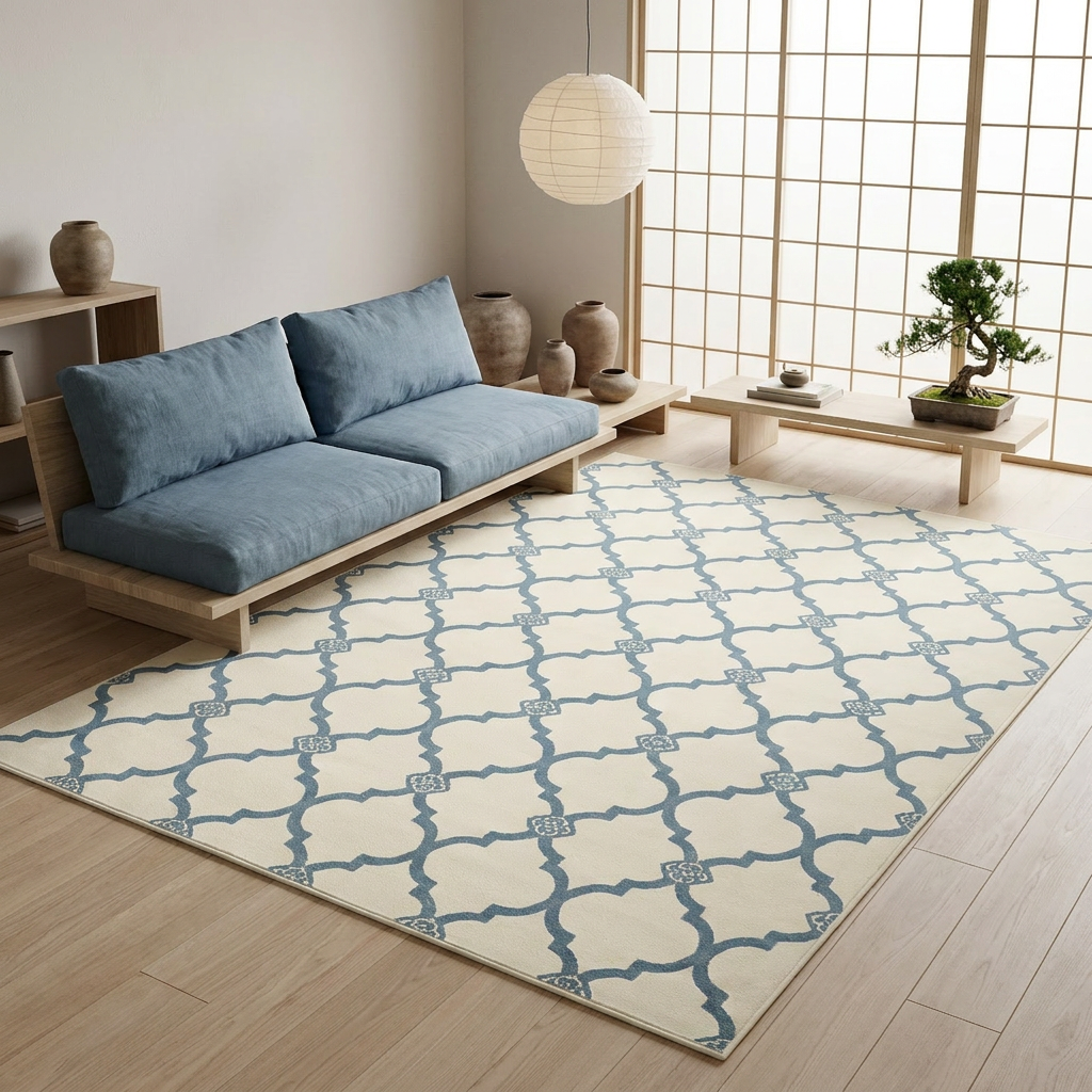 Dusty Blue Moroccan Area Rug — Machine Washable, Moroccan Quatrefoil