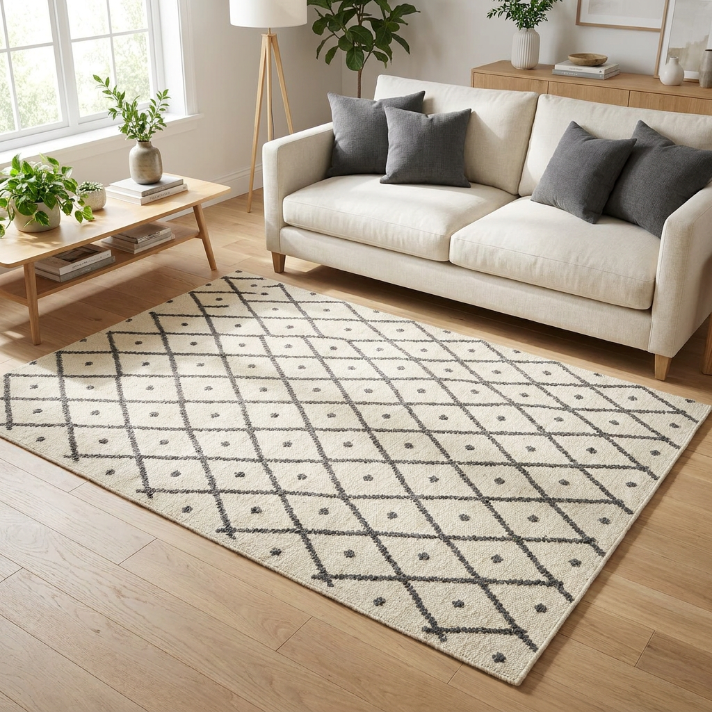 Cream Geometric Diamond Area Rug — Machine Washable, Diamond Lattice