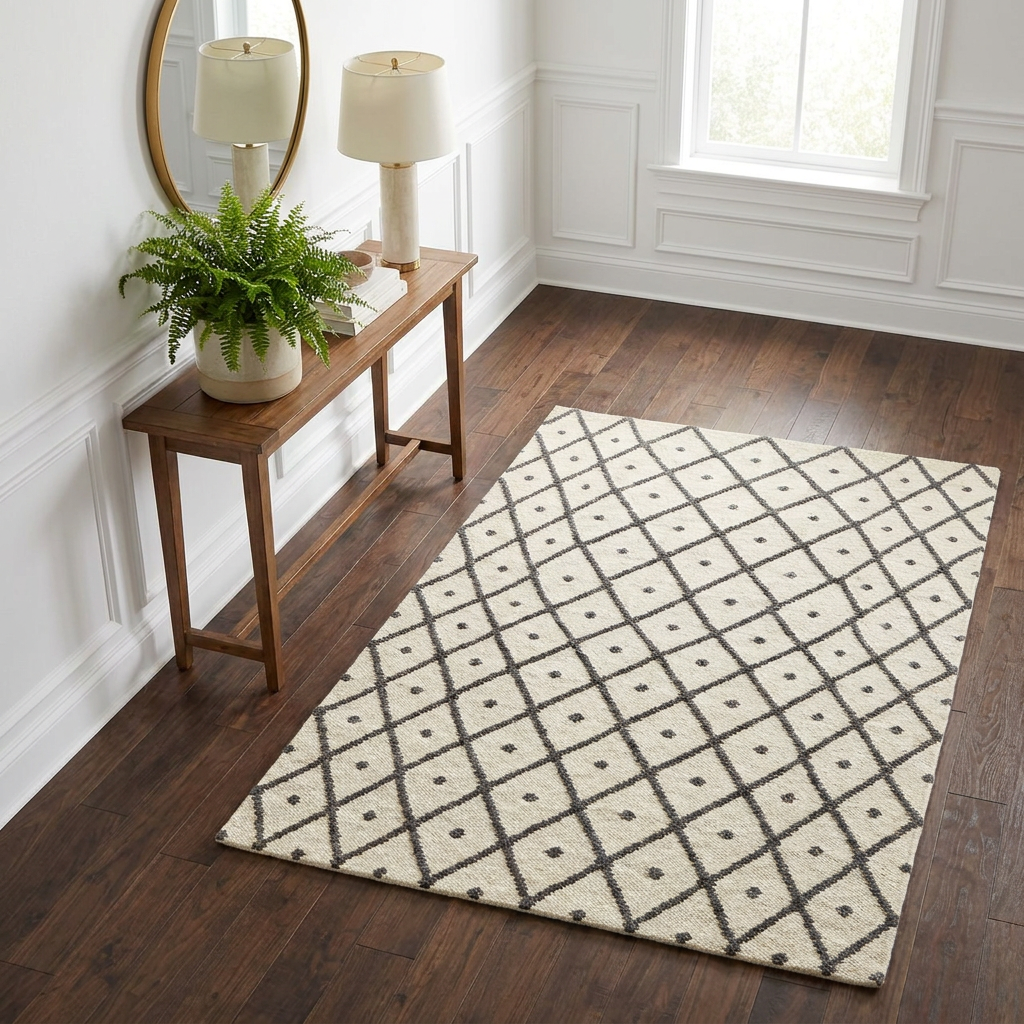Cream Geometric Diamond Area Rug — Machine Washable, Diamond Lattice