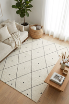 Cream Geometric Diamond Area Rug — Machine Washable, Diamond Lattice