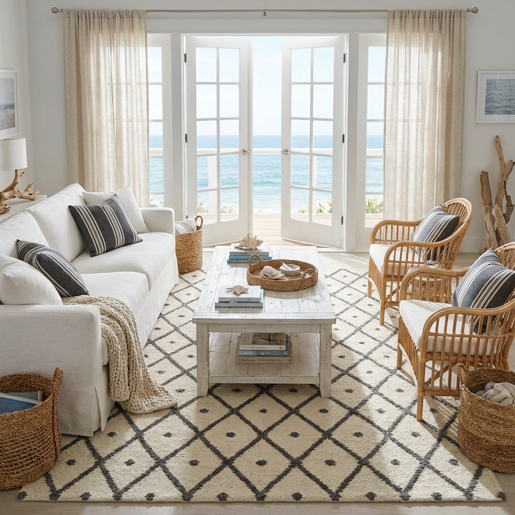 Cream Geometric Diamond Area Rug — Machine Washable, Diamond Lattice