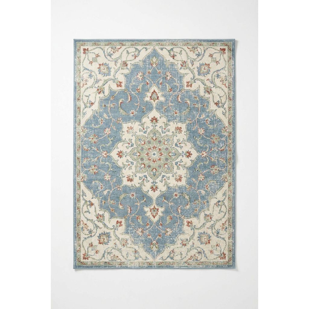 Vintage Distressed Floral Area Rug — Machine Washable, Antique Blue Medallion