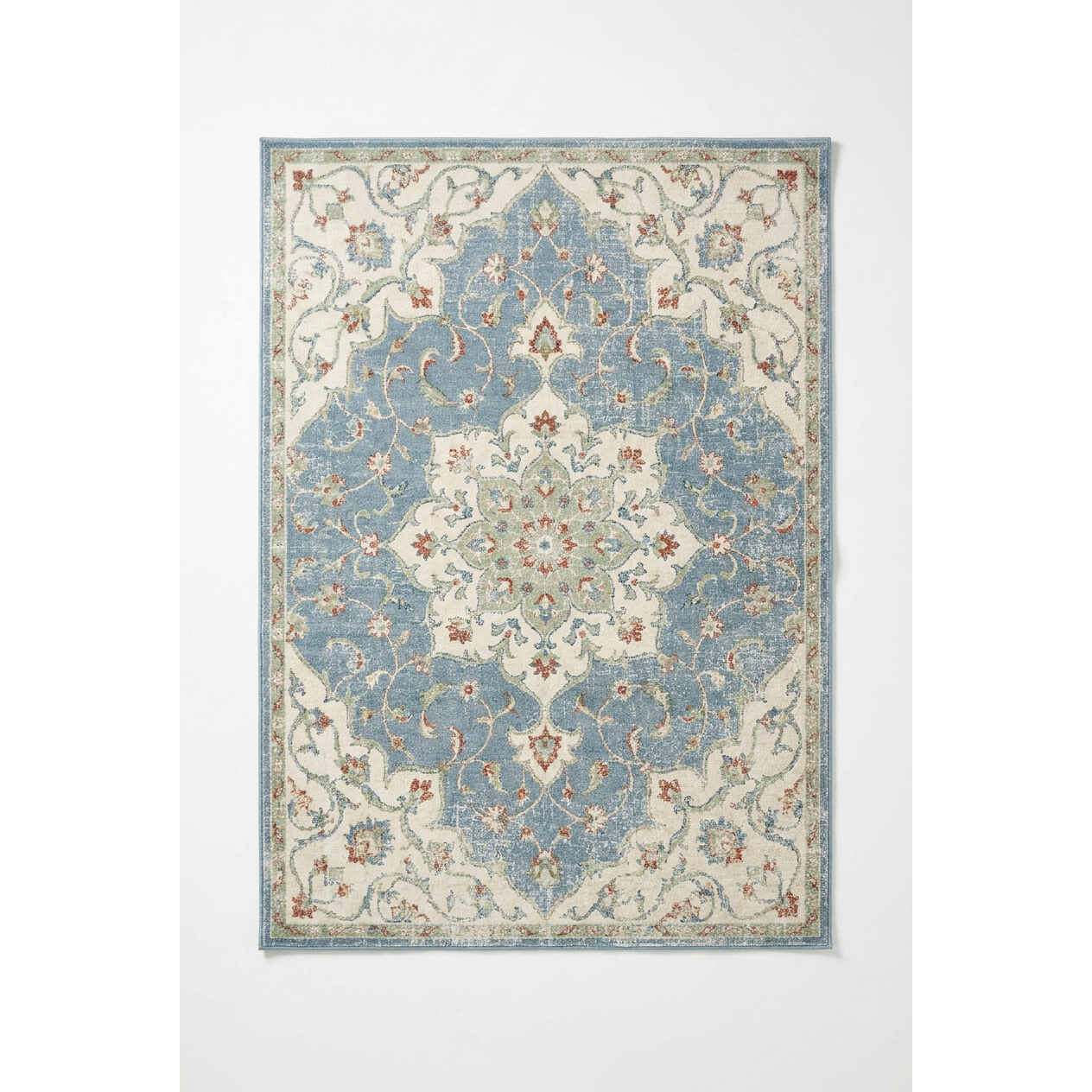 Vintage Distressed Floral Area Rug — Machine Washable, Antique Blue Medallion