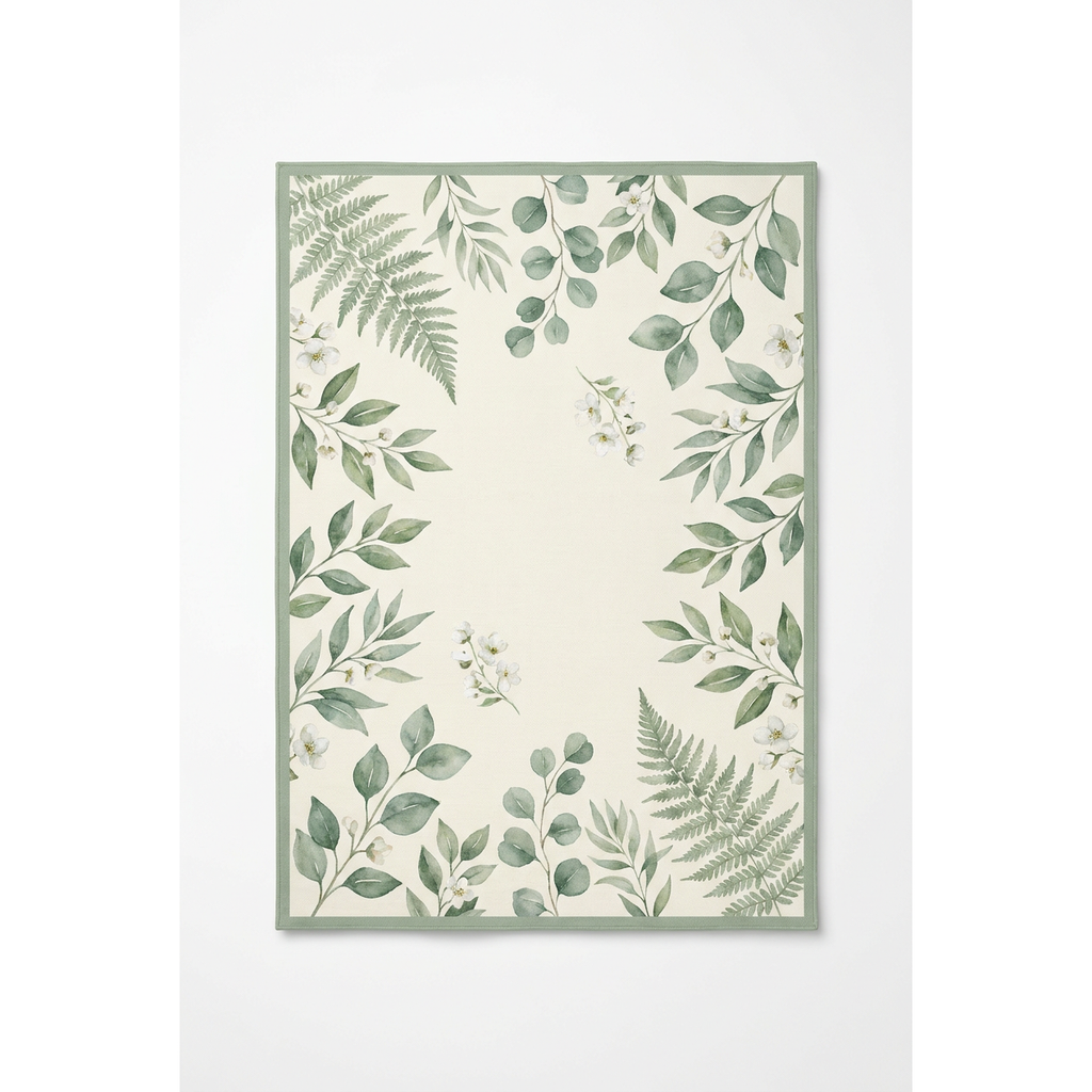Sage Garden Botanical Area Rug — Machine Washable, Fern Leaf Pattern
