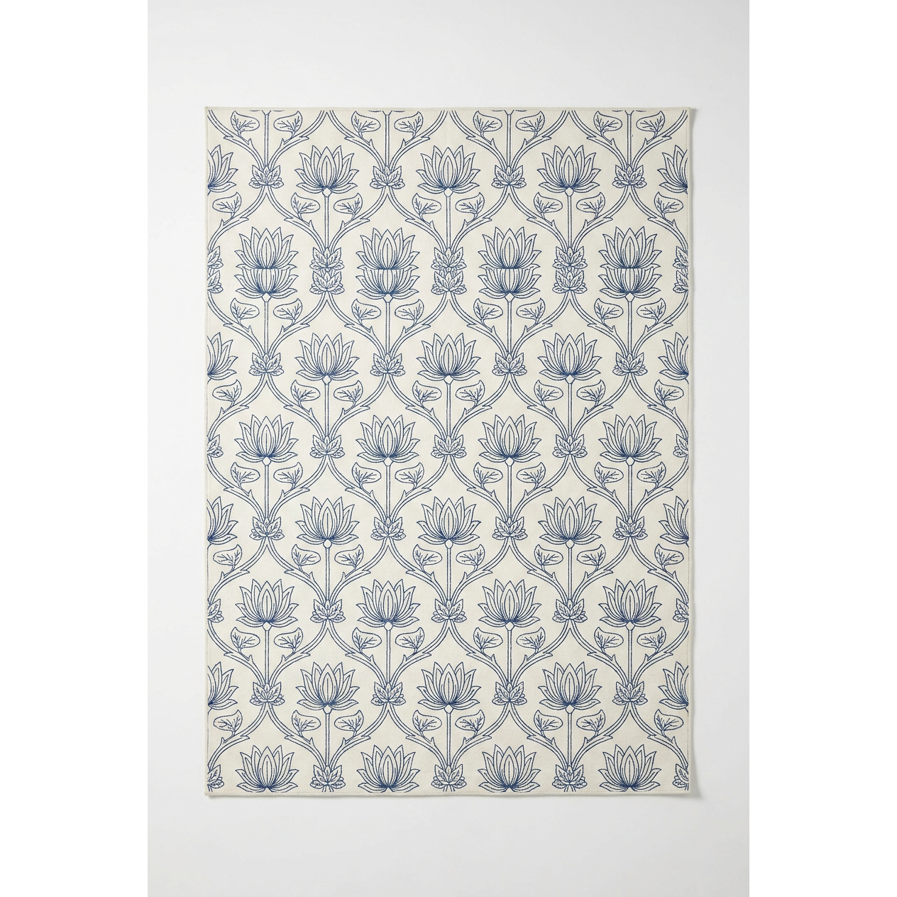 Indigo Floral Trellis Area Rug — Machine Washable, Blue Trellis Pattern