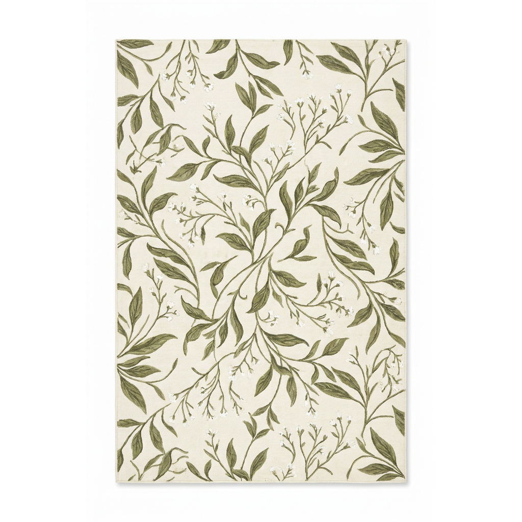 Olive Botanical Vine Area Rug — Machine Washable, Olive Leaf Trail