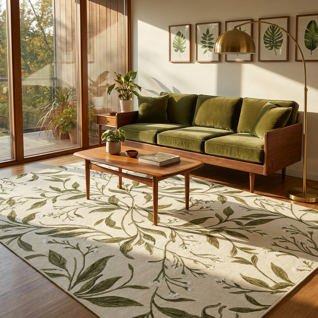 Olive Botanical Vine Area Rug — Machine Washable, Olive Leaf Trail