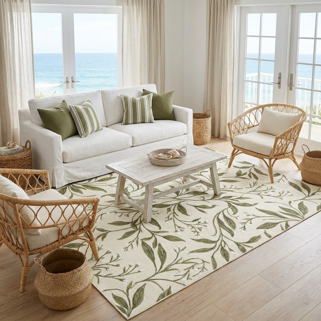 Olive Botanical Vine Area Rug — Machine Washable, Olive Leaf Trail