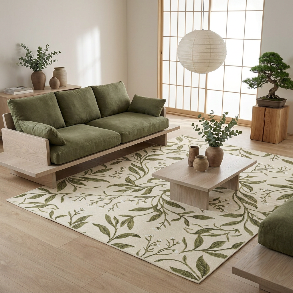 Olive Botanical Vine Area Rug — Machine Washable, Olive Leaf Trail