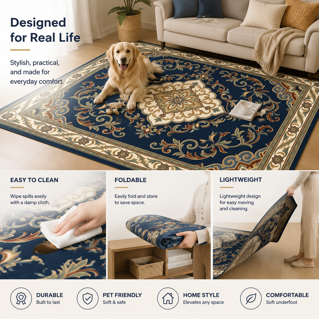 Persian Blue Medallion - Easy to Clean and Foldable